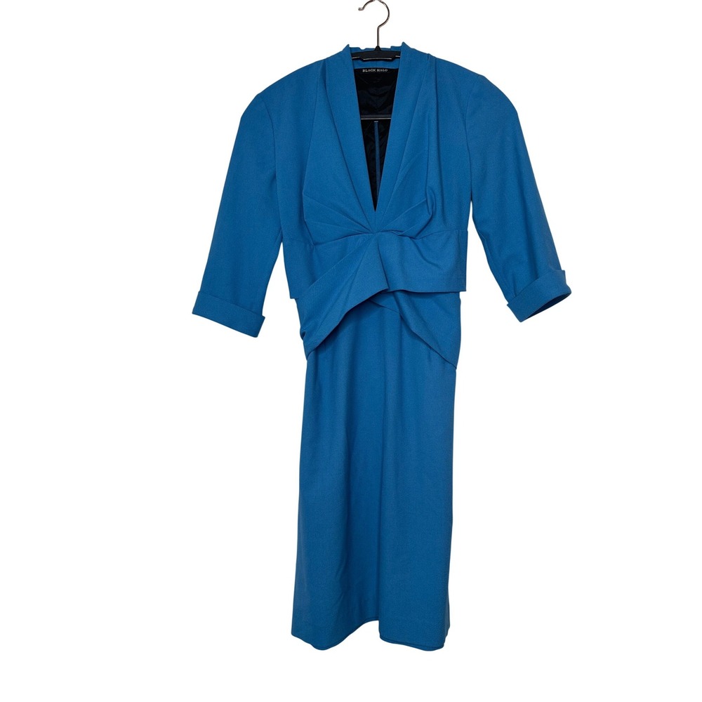 Black Halo‎ Jackie O Sheath Dress Blue V-Neck 3/4 Sleeve Midi Dress